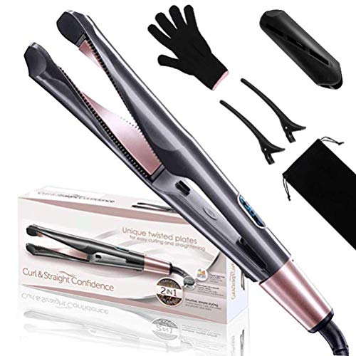 ANEMEL Professional Hair Straightener Curling Iron, 2 in 1 Ceramic Tourmaline Twisted Flat Iron with LCD Digital Display,Adjustable Temperature 210℉-450℉ and Auto Shut-Off