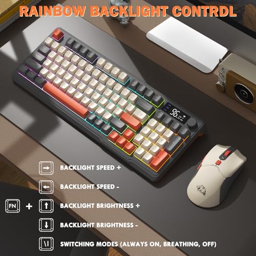 FREEWOLF T96 Wireless Keyboard and Mouse Combo, Retro, BT & 2.4G Modes, PBT Keycaps, Media Knob, Display Screen, Silent Keys, 26-Key Anti-ghosting, American QWERTY, for Mac/Windows/Linux