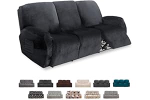 FIGOOO Recliner Sofa Covers Velvet Stretch Reclining Couch Covers 8-Piece for 3 Cushion Couch Recliner Set Recliner Couch Sofa Cover Furniture Protector with Pockets, 3 Seater, Dark Grey
