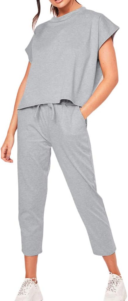 Womens Summer 2Pcs Tracksuits Set Sport Lounge Wear Ladies Casual Tops Pant Suit, Women Short Sleeve Round Neck Cropped Pants Women Crop Top+Lace Up Set,Gym Yoga Running Outfit