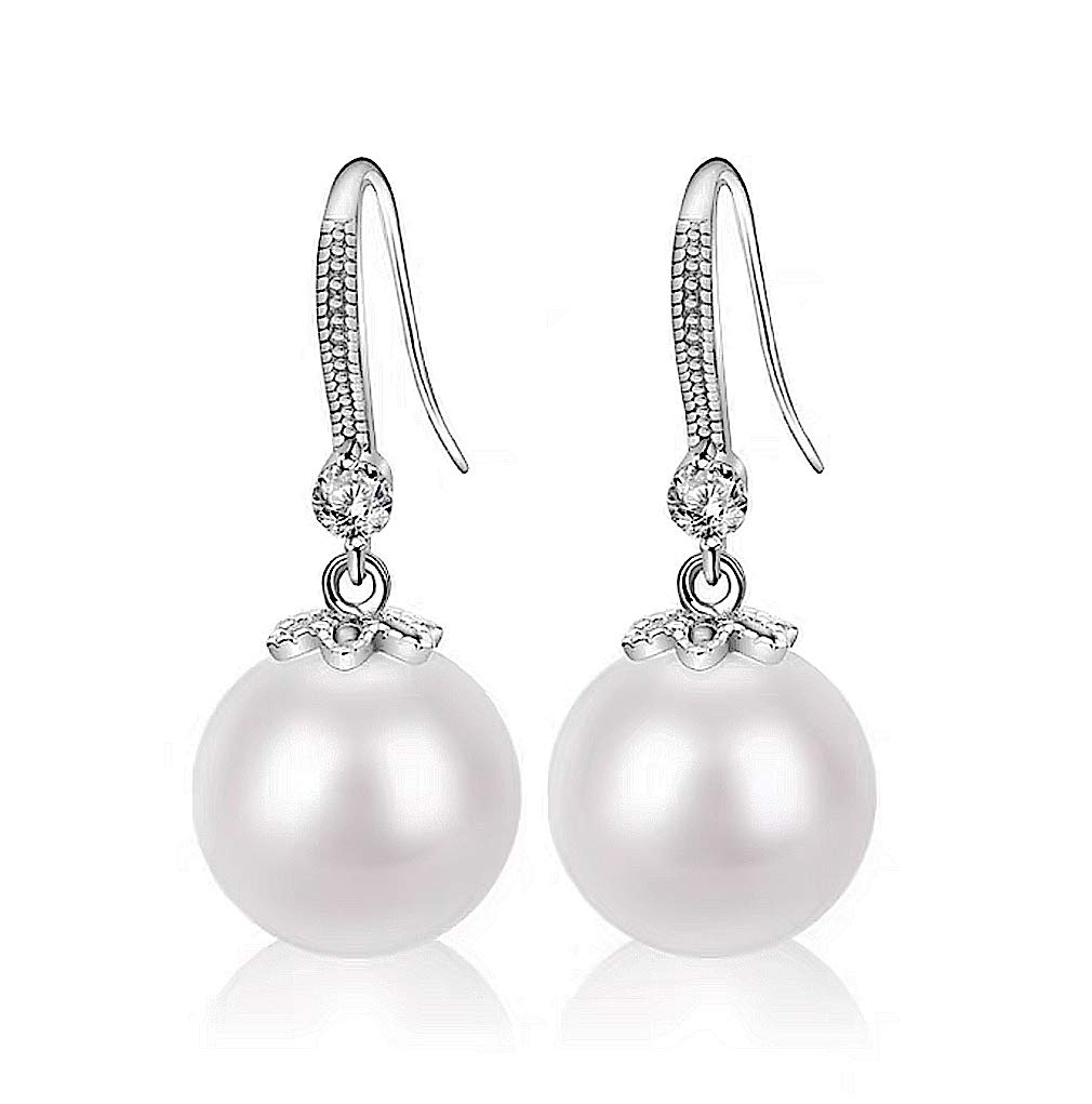 YAXUN 925 Sterling Silver Pearl Earrings For Women with AAAAA Cubic Zirconia Crystal Diamond - 12mm Round White Pearl Dangle Drop Hook Earrings Fashion Jewellery Gifts