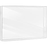 MAONAME Clear Serving Tray with Handles, Plastic Clear Tray, Rectangle Decorative Trays for Coffee Table, Ottoman, Bathroom, Vanity, 15.7" Lx 10.2" W X 1.57" H