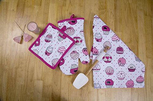 Set of Apron,Oven Mitt,Pot Holder, Pair of Kitchen Towels in a Valentine Cup Cakes Design, Made of 100% Cotton, Eco-Friendly & Safe, Value Pack and Ideal Gift Set, Kitchen Linen Set By CASA DECORS - Thumbnail 4