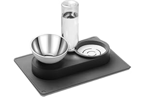 Marchul 2-in-1 Dog Bowl, Elevated Cat Food and Water Bowl with No-Spill Mat, 15° Tilt Stainless Steel Dish + 500ml Leak-Proof Bottle, Easy Clean Design (Dry/Wet Food & Water)
