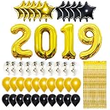Gold 2019 Balloons Decorations with 10ft Metallic Gold Foil Fringe Curtain Bundle – Large, Pack of 45, Graduation Party Supplies, Large Size, Gold, Black, White, Latex Balloons, Star Balloons, Confetti Balloons, Best for Graduation, New Year Eve Party Supplies, New Year Decorations