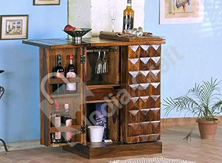 India Craft Pre-Assemble Sheesham Wood Stylish Bar Cabinet/Wine Rack/Beer Bar/with Wine Glass Storage- Living Room Furniture (Natural Finish)