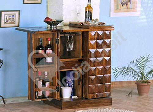 Unique Furniture India Craft Pre-Assemble Sheesham Wood Bar Cabinet/Wine Rack with Glass Storage (Natural Finish)