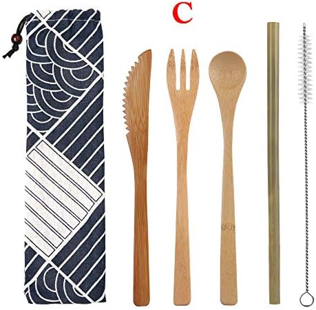 vivimix Tableware Dinnerware Set Wooden Bamboo Cutlery Fork Spoon Straws for Travel Home & Kitchen Outdoor Camping(C)