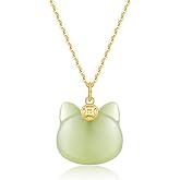 LOOYUUPEE Green Natural Jade Necklace, Cat Shape Jade Pendant for Women, Jade Jewelry for Women Lucky Gifts for Girls Women (925 Sterling Silver with Gold Plated)
