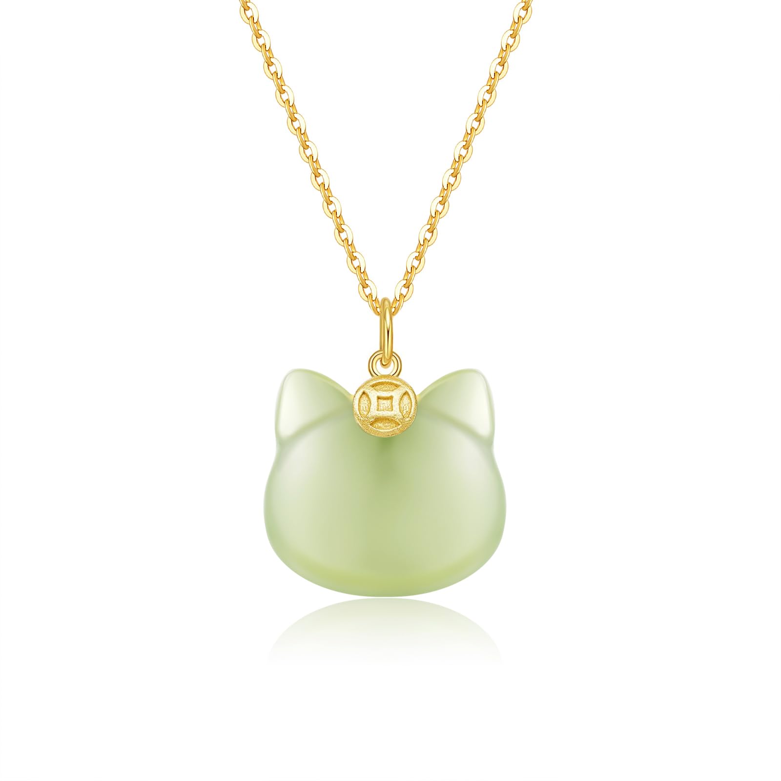 Photo 1 of LOOYUUPEE Green Natural Hetian Jade Necklace, Cat Shape Jade Pendant for Women, Light Green Atmosphere Jade Necklace Jewelry Gifts for Girls Women (925 Sterling Silver with Gold Plated)