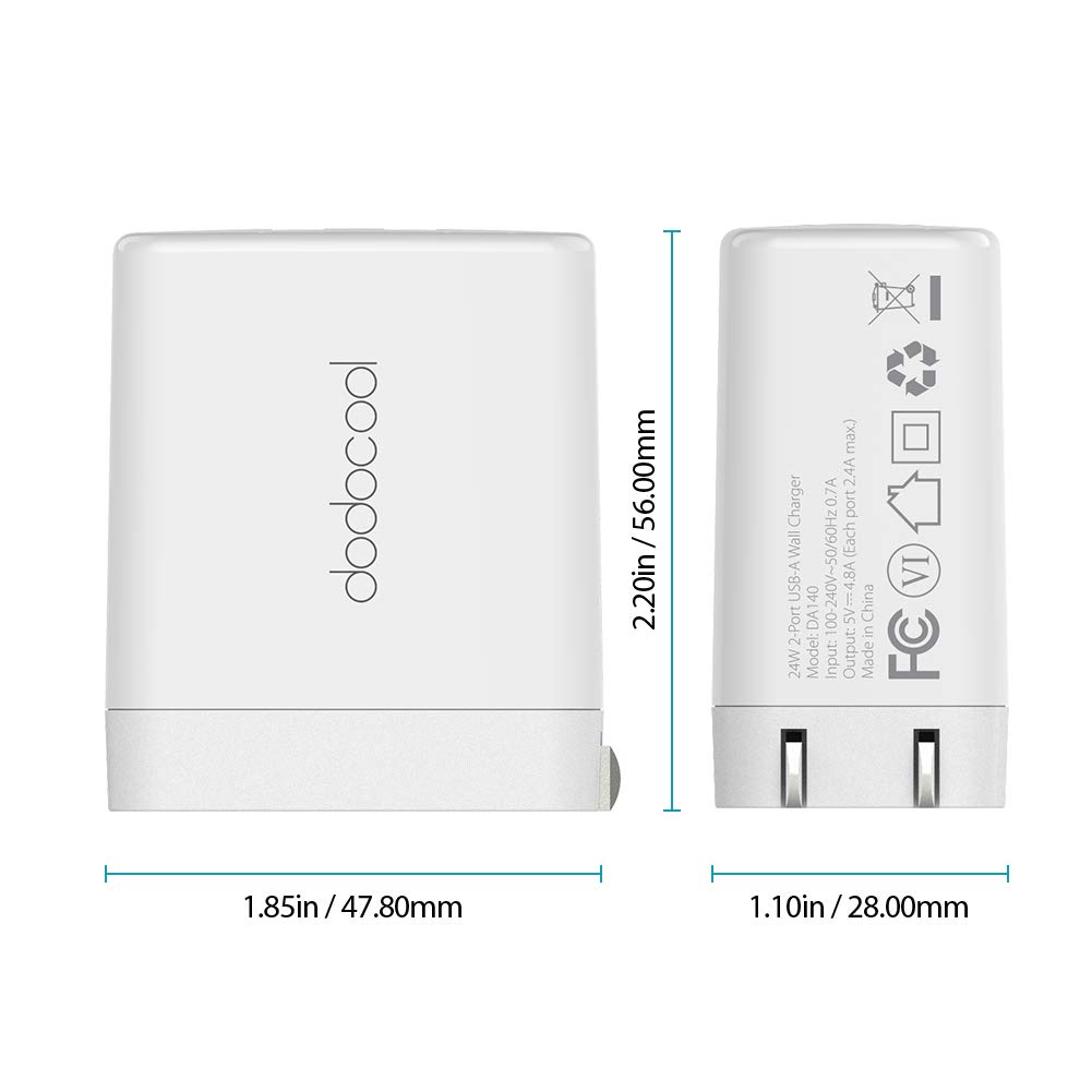 USB Wall Charger, dodocool 2-Port 4.8A Charger Adapter with Quick Charge 3.0 and Charge Protection, Foldable Plug Compatible for iPhone, Samsung, Huawei, Kindle, MP3, Speaker and More(Upgrade Model)