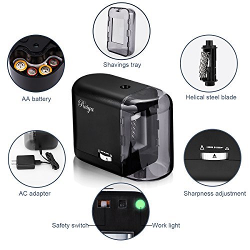 Electric Pencil Sharpener, Auto-Stop Feature and Best Heavy Duty Helical Blade Sharpeners for Office School Classroom Kids Artists, AC adapter or Battery Operated for No.2 and Colored Pencils. (Black) - Thumbnail 4