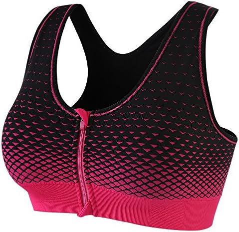 Women's Zip Front Anti Sports Yoga Bra, Padded High Impact Support for Workout Fitness Removable Pads, running bra (X-large, Black-pink)