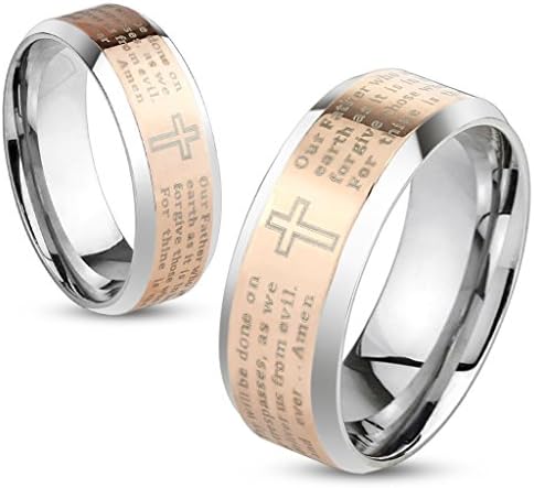 6mm Two Tone Pink Rose Inlay Plated Lord's Prayer Stainless Steel Wedding Band - Size 6