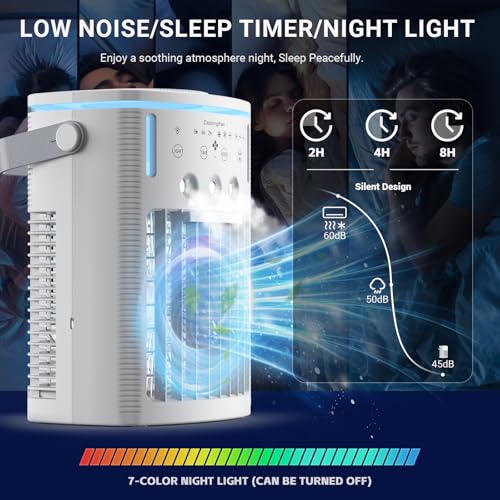 Portable Air Conditioners, New 4-in-1 Ultra-Quiet Portable AC Unit, 1000ML Water Tank Evaporative Air Cooler with 3-Cool Mist & 3-Speeds, Remote Control, 7 Color Light, 8H Timer for Bedroom,Office,Car