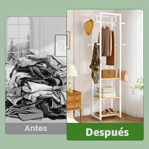IBUYKE Perchero independiente con 3 estantes y 8 ganchos, perchero industrial para entrada, pasillo, dormitorio, 180 x 40 x 30 cm, color natural y blanco TMJ088R
