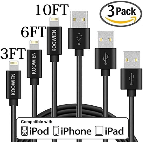 Lightning Cable, KOOWIEN 3Pack 3FT 6FT 10FT 8pin USB Cable Syncing and Charging Cable Cord Charger for Apple iPhone 6/6s/6 plus/6s plus, SE,7/7plus, iPad Air/Mini/Pro, iPod Nano/Touch (Black)
