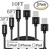Lightning Cable, KOOWIEN 3Pack 3FT 6FT 10FT Popular Nylon Braided Charging Cable Extra Long 8pin USB Cord Charger for Apple iphone 7, 7plus, se, 6s, 6s plus, 6plus, 6,iPad Mini, Air,iPad5,iPod(Black)