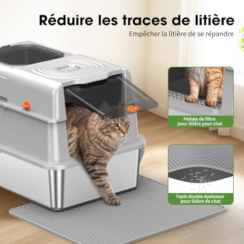 Stainless Steel Litter Tray with Lid, Large Cat Tray, Closed Tray with Odor Control, Charcoal Filter & Double Enter, Easy to Clean, Non-stick, Durable, Light Grey
