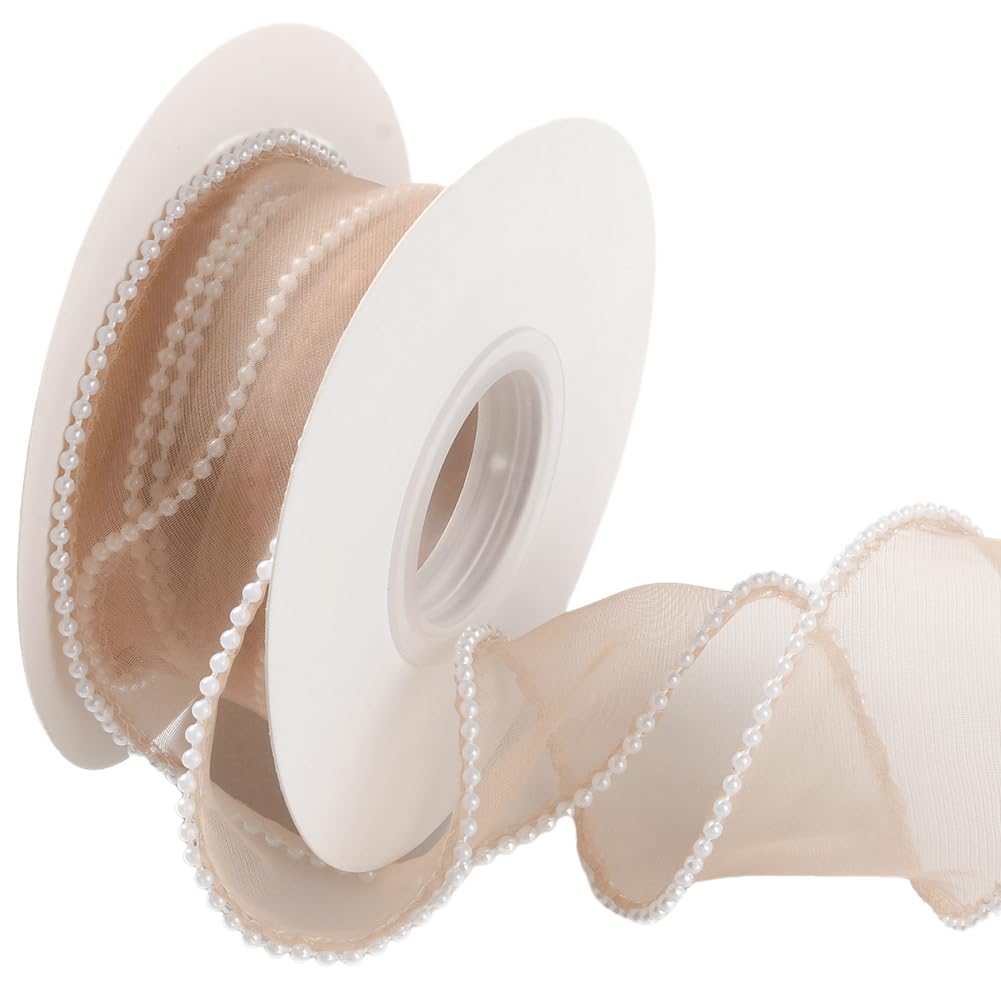 CABODYALS 4.57M 40mm Brown Wired Sheer Ribbon Faux Pearl Edged Organza Trim Smooth Fishtail Yarn Mesh Chiffon Lace Ribbons with Spool for Sewing Making Craft Flower Bouquet Invitions DIY Cake Decor