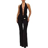 YOUFE Womens 2 Piece Outfit Halter Neck Sleeveless Top and Flare Long Pant Sexy Backless Y2K Set Party Club Outfits