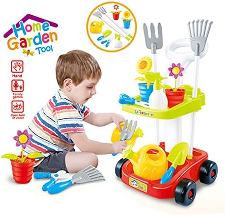 FAPAJO - Double Decker Garden Cart And Tools Toy for Kids with 5 Different Gardening Tools, 2 Pots with Flowers, Water Pail and Spray (Green)