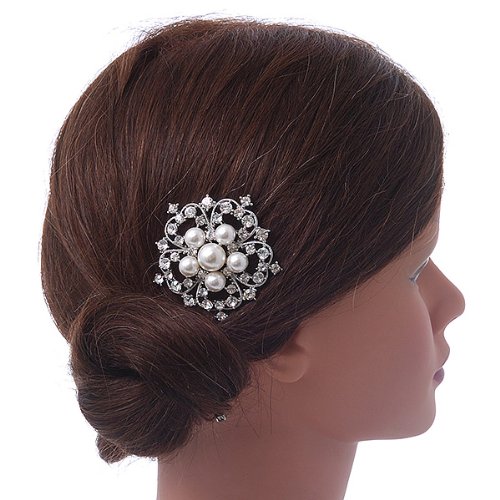 Bridal/ Wedding/ Prom/ Party Rhodium Plated Austrian Clear Crystal, Synthetic Pearl 'Open Flower' Hair Comb - 55mm