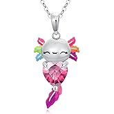 925 Sterling Silver Axolotl Necklace, Heart-Shaped Birthstone Axolotl Pendant Gemstone Necklaces Cute Animal Jewelry Gifts for Women Christmas Birthday, 18"+2"
