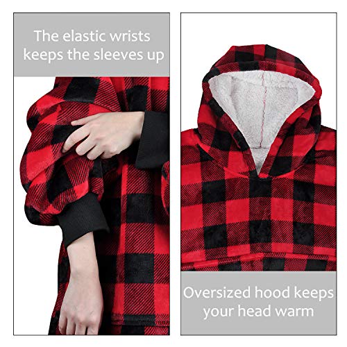 Oversized Blanket Sweatshirt, Super Soft Warm Cozy Wearable Sherpa Hoodie for Adults & Children, Reversible, Hood & Large Pocket, One Size, Red Plaid
