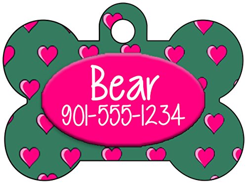 Personalized Dog Tag Pet Id Tag w/ Name & Number, Dog Bone Hearts (Green)