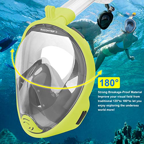 ROCONTRIP Full Face Snorkel Mask, Free Breathing 180° Panoramic View Diving Mask, Anti-Fog Anti-Leak and Adjustable Head Strap Snorkeling Mask for Men Women Adult (Gray Green, L/XL)