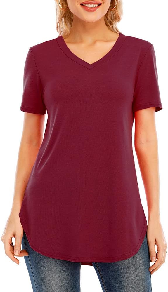 Women's Short Sleeve T-Shirt Solid Color V Neck Long Casual Tops