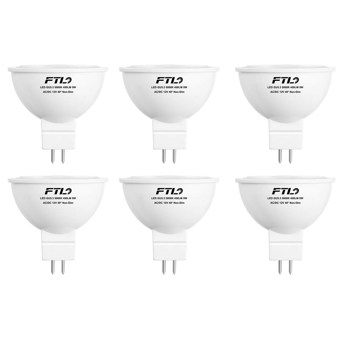 FTL MR16 LED Light Bulbs GU5.3 Cool White 5000K 12V Spotlight Bulbs 5W(50W Halogen Lamp Equivalent) 450LM Bi-Pin Base 40 Degree Beam Angle 6-Pack