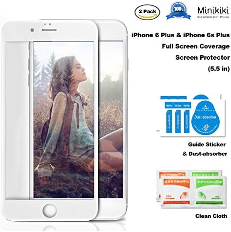MiniKIKI iPhone 6/6s Plus Glass Full Screen Protector, 2 Pack Screen Protector for iPhone 6/6s Plus, Glass Body with 3D White Soft Carbon Fibre Frame Cover Edge-to-Edge, HD Hard, Great Sensitivity