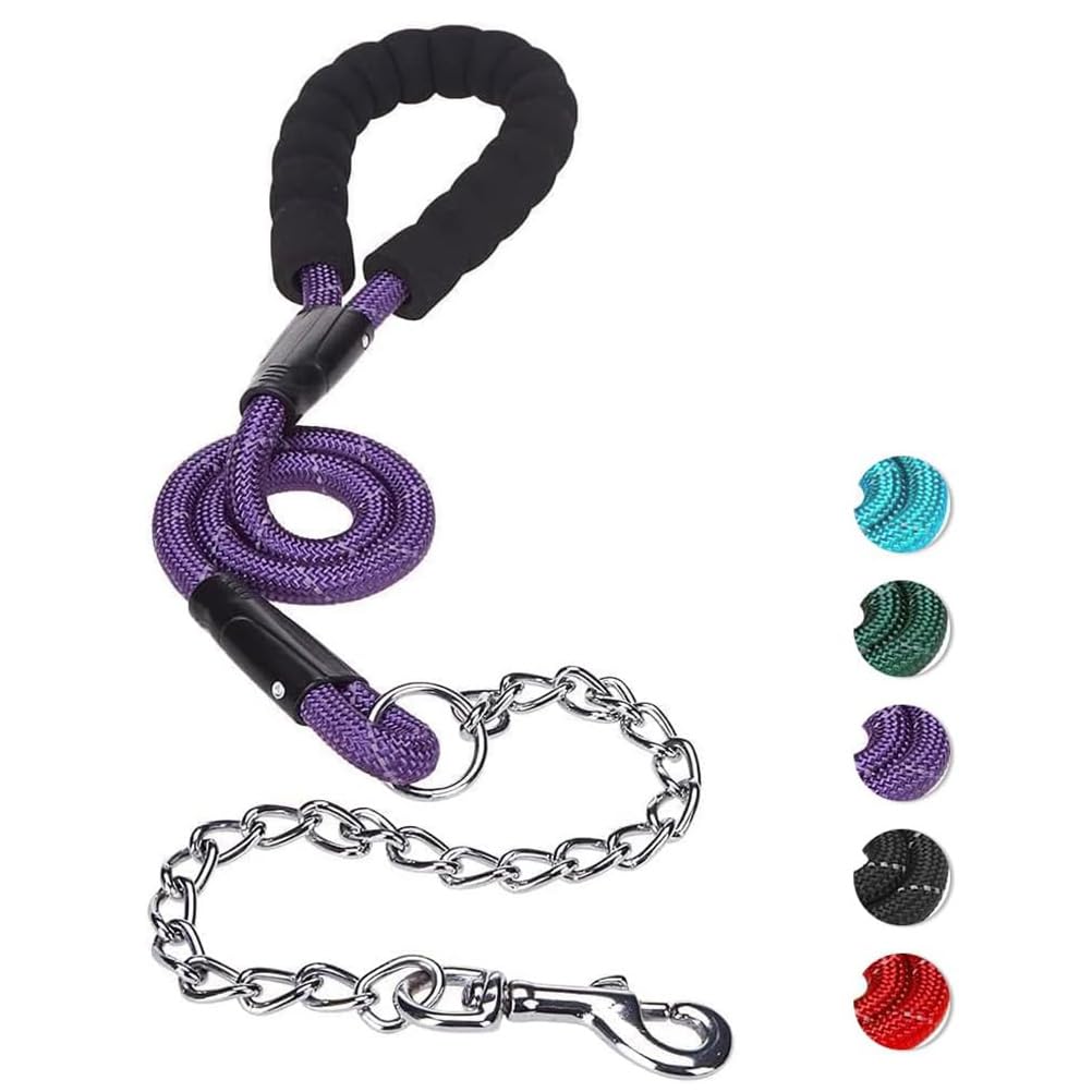 MIHACHI Anti Chew Dog Lead - Heavy Duty Rope Dog Leash with No Bite Chain and Soft Padded Handle, No Tangle Strong Leash with Reflective Threads