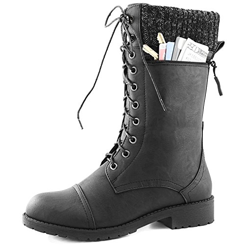 Women's DailyShoes Combat Style Lace up Ankle Bootie Round Toe Military Knit Credit Card Knife Money Wallet Pocket Boots, Black Pu, 10