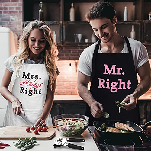 Mr & Mrs kitchen Apron set, Couple Cooking Aprons with Pockets, Engagement Gift, Wedding Anniversary, Bridal Shower Gift with a 12-Inch Grill Clip and Can Opener, Black & White Aprons 4 Piece