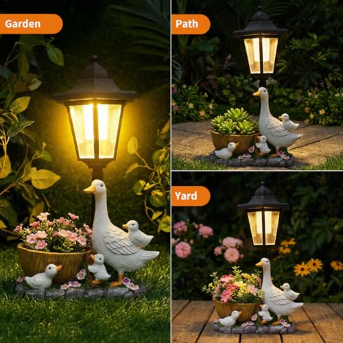 2026 Garden Duck Statues with Solar Lantern Flowerpot Outdoor Decoration, Duck Figurines Yard Art Sculptures for Patio Lawn Backyard Porch Ornaments, Yard Ornament- Unique Mother's Day Birthday Gifts