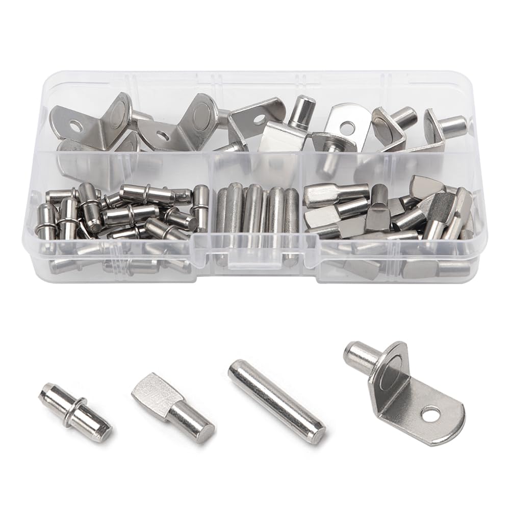 YIXISI 55 PCS 4 Styles Shelf Support Pegs Pins, Stainless Steel Shelf Pins Support Shelf Rest Brackets Pins, for Shelves Cabinet Furniture Closet, 5mm, 6mm — image 1