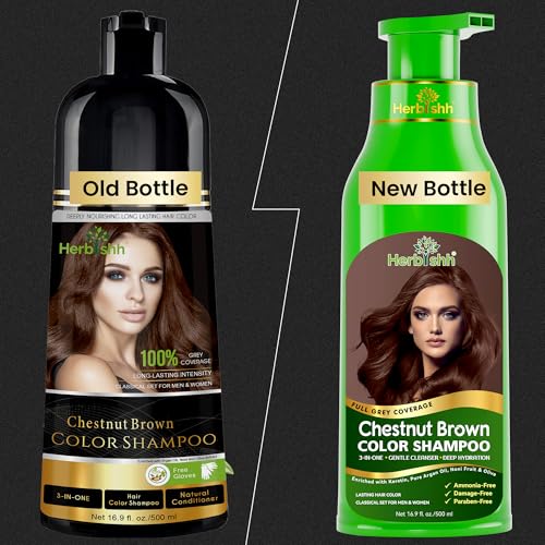 Herbishh 2 Pcs Chestnut Brown Hair Color Shampoo+ 1Argan Hair Mask Permanent Color Shampoo For Men And Women Long Lasting Easy To Apply