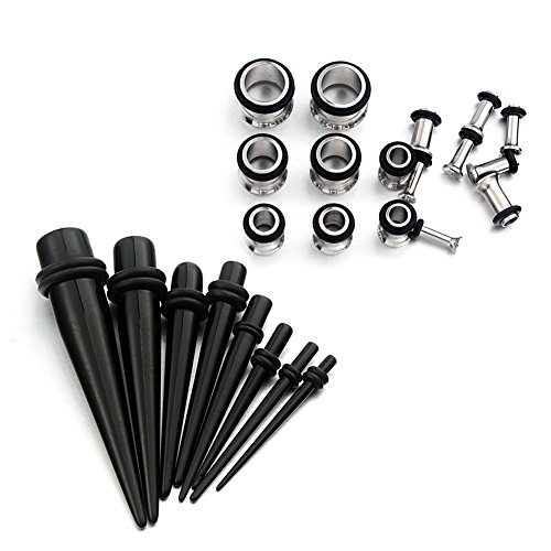 vcmart 14G-00G 36pcs Ear Stretchers Kit Acrylic Tapers & Surgical Stainless Steel Eyelets Gauges Set, Black