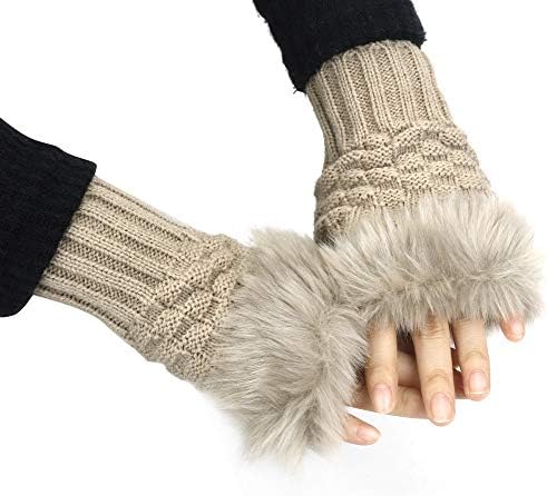 Famolt Women Girl Warm Winter Faux Rabbit Fur Wrist Fingerless Gloves Mittens