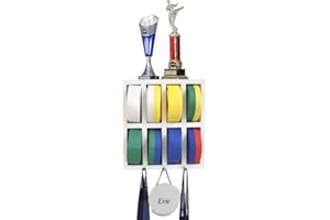 UpRise Designs Karate Belt Display Rack for 8 Belts. Taekwondo Belt Display and Martial Arts Belt Display. Karate Belt Holder, Plaque for Personalization, Trophy & Medal Hooks (White)