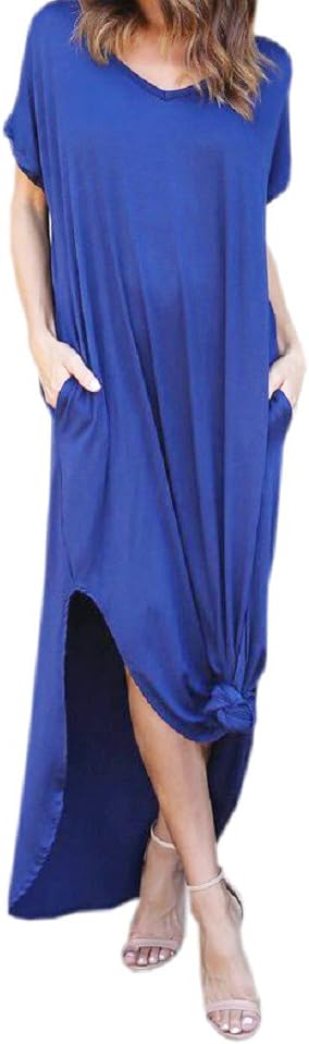 PRIMODA Women's Casual Sexy Side Split V Neck Loose Pocket T-Shirt Long Dress Short Sleeve Maxi Dress