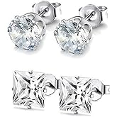 2 Pairs Stainless Steel Square Round CZ Stud Earrings for Women Mens Ear Piercing Earrings