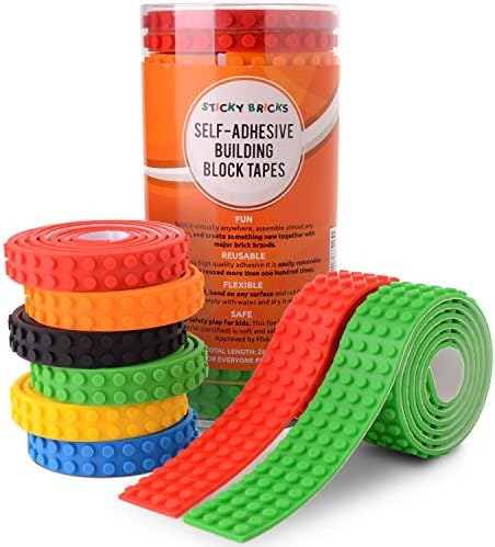 Toy Block Tape | Self-Adhesive Building Blocks Compatible with Lego Bricks | Ultimate Pack Includes 6-Color Set of Wide and Narrow Reusable Rolls | Lego Tape Silicone Peel-and-Stick Baseplate