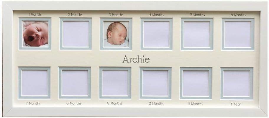 Personalised Baby First Year Collage Photo Frame, White 20 x 8 (Blue inner border)