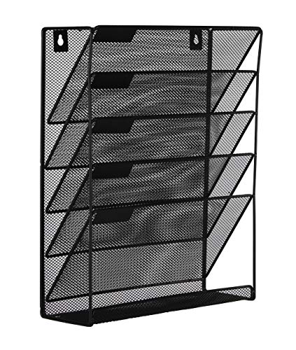 EasyPAG Mesh Wall File Holder 5 Tier Vertical Mount / Hanging Organizer with Bottom Flat Tray ,Black