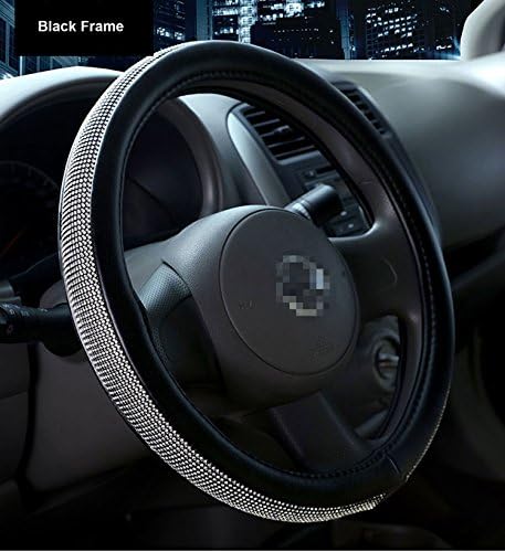 Sino Banyan Diamond Steering Wheel Cover PU Leather Case, with Bling Bling Crystal Rhinestones, Universal 15 Inch Protector for Women, Black Frame