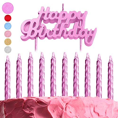 GET FRESH Pink Birthday Cake Candles Set – 10-Pack Spiral Candles and Happy Birthday Letter Candles Cake Topper – Metallic Bday Candles and Candles Cake Decoration – Glitter Pink Birthday Candles